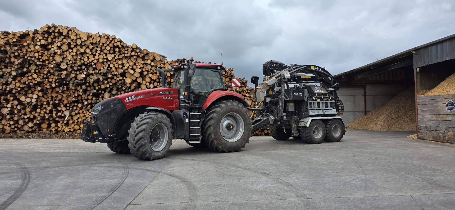 McCauley Wood Fuels chipper, tractor and wood chip yard