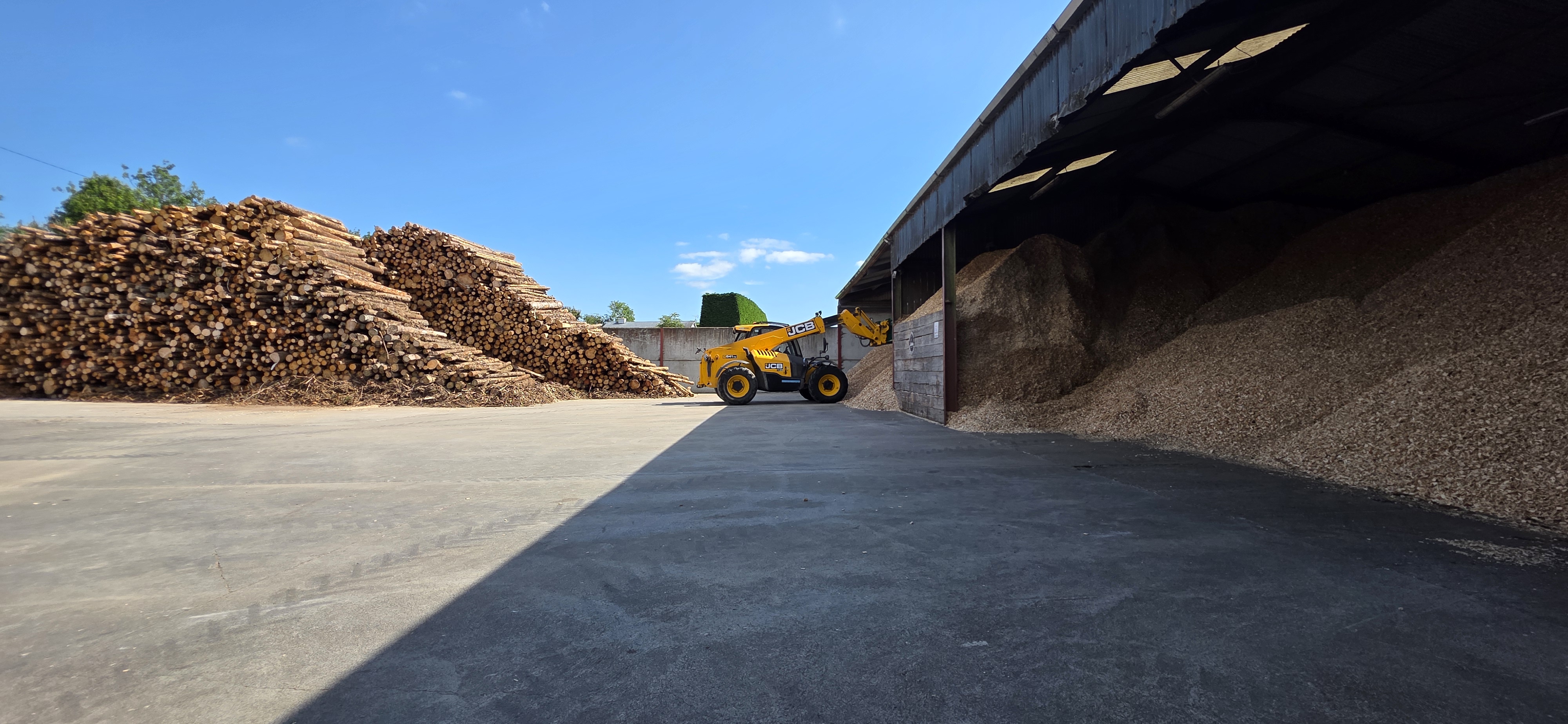 McCauley Wood Fuels yard with timber stacks, loader and commercial chip storage